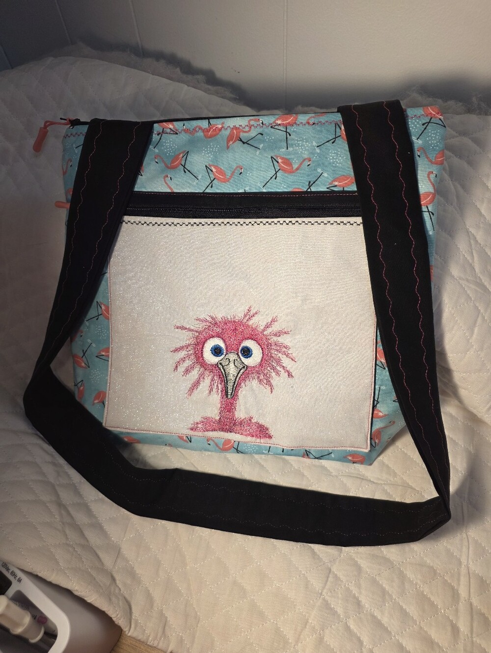 Aqua Flamingo Embroidered Tote with Black Straps